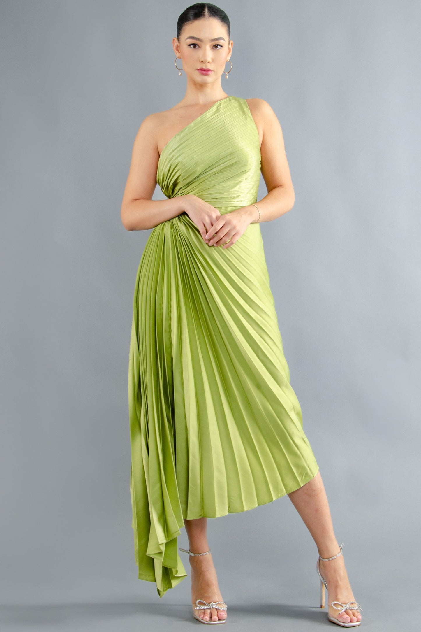 Solid Ruched Pleated One Shoulder Hi Low Dress