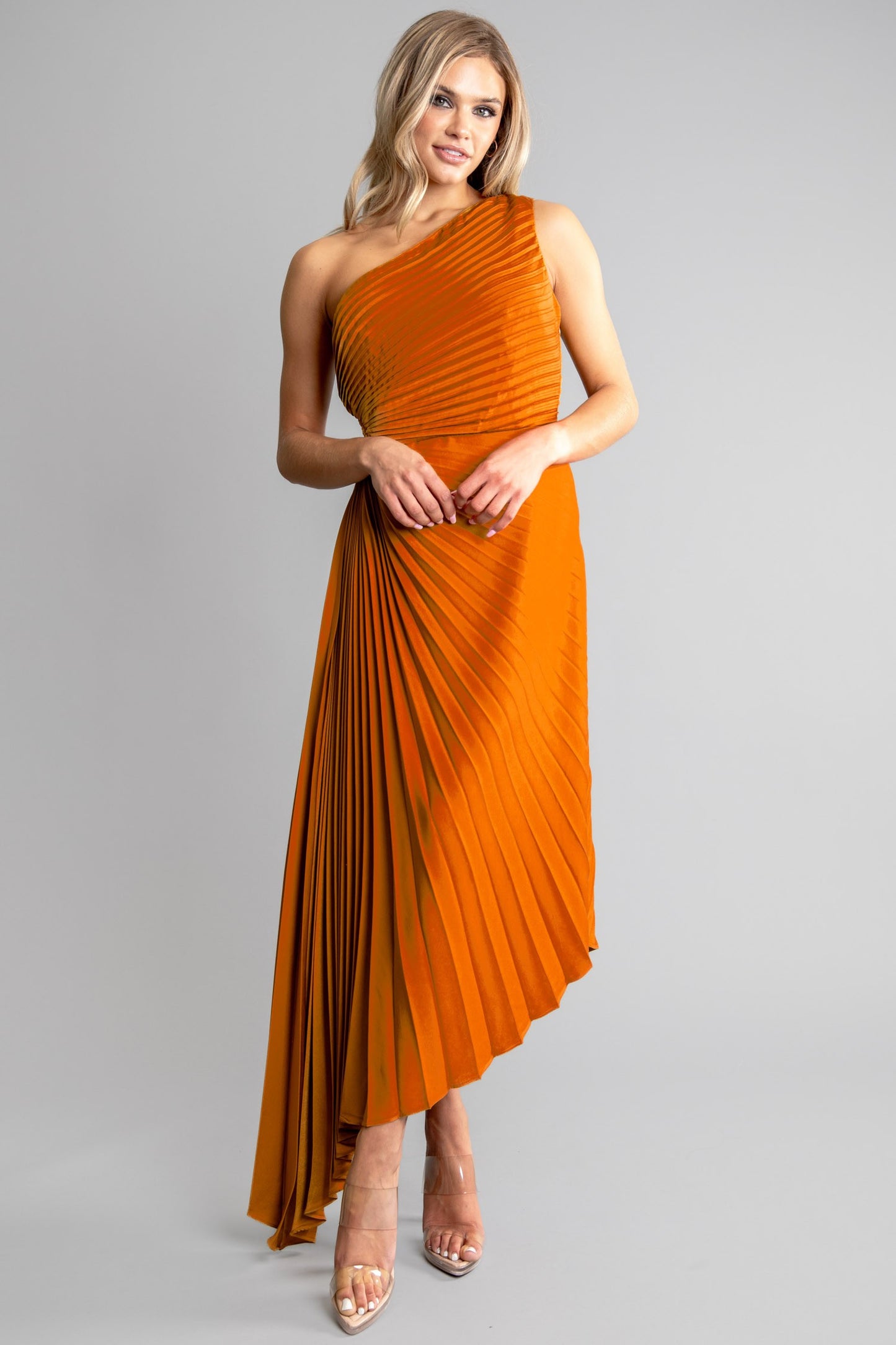 Solid Ruched Pleated One Shoulder Hi Low Dress