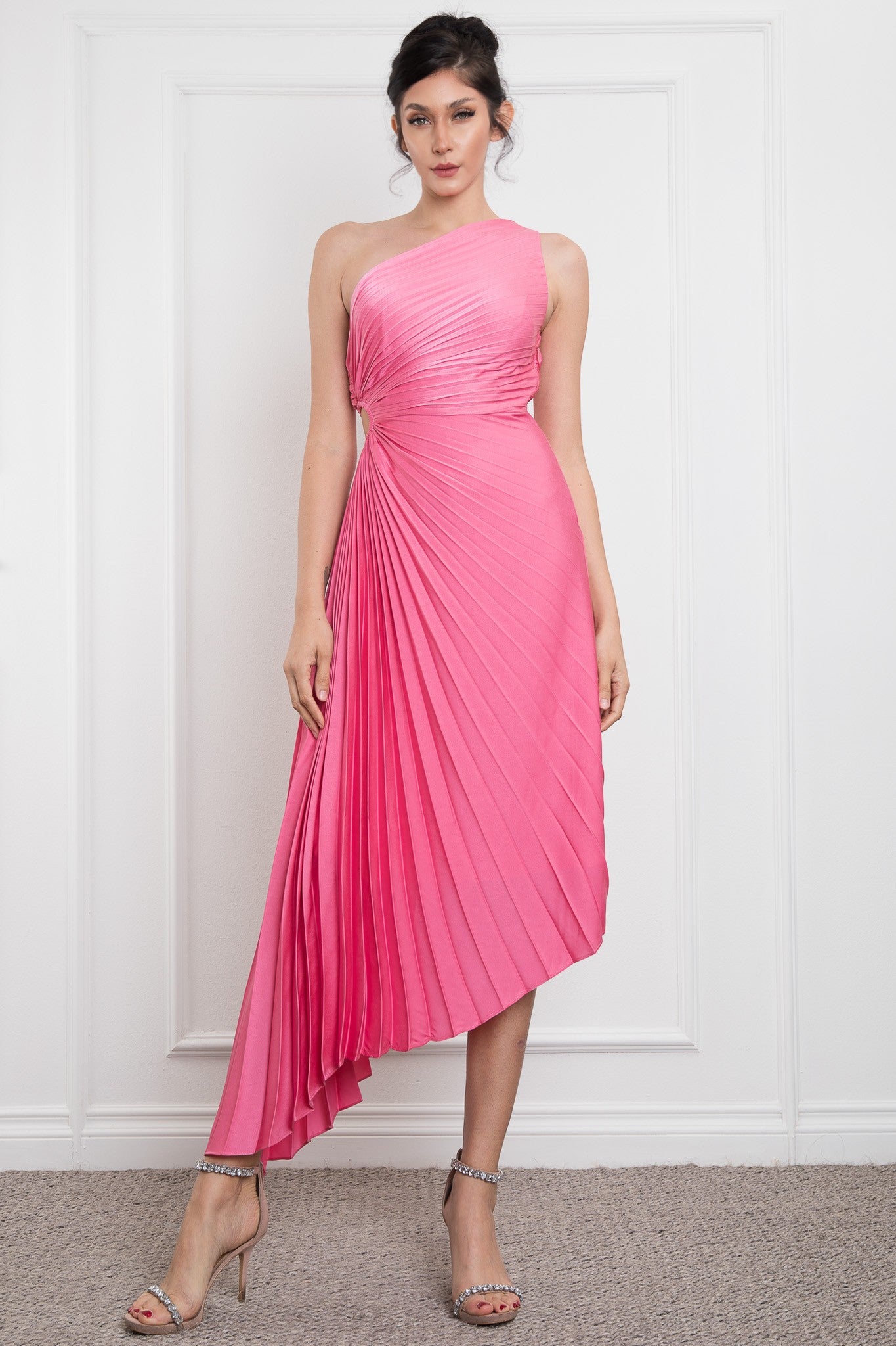 Solid Ruched Pleated One Shoulder Hi Low Dress
