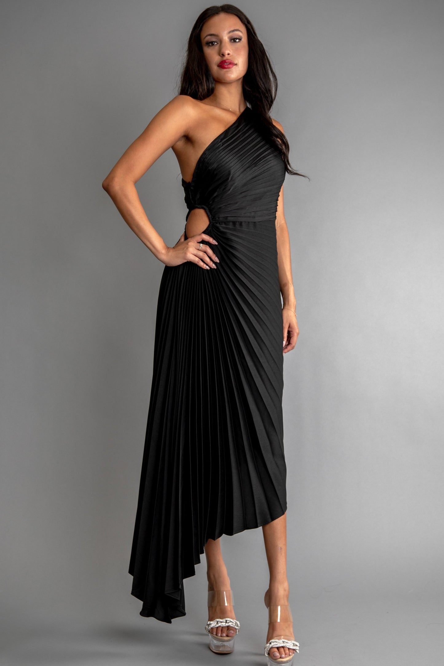 Solid Ruched Pleated One Shoulder Hi Low Dress