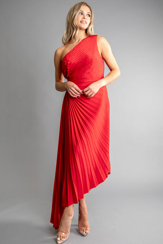 Solid Ruched Pleated One Shoulder Hi Low Dress
