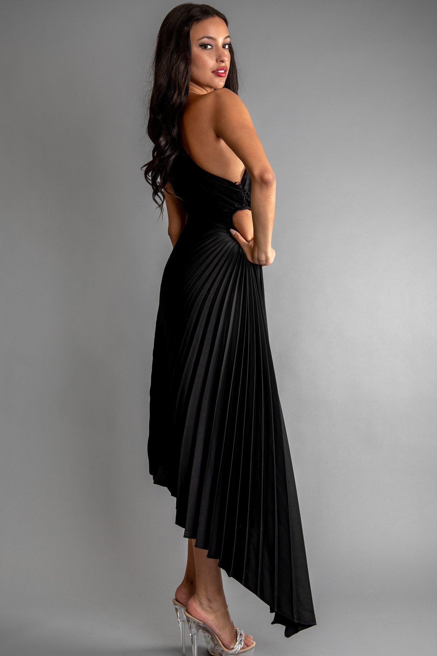 Solid Ruched Pleated One Shoulder Hi Low Dress