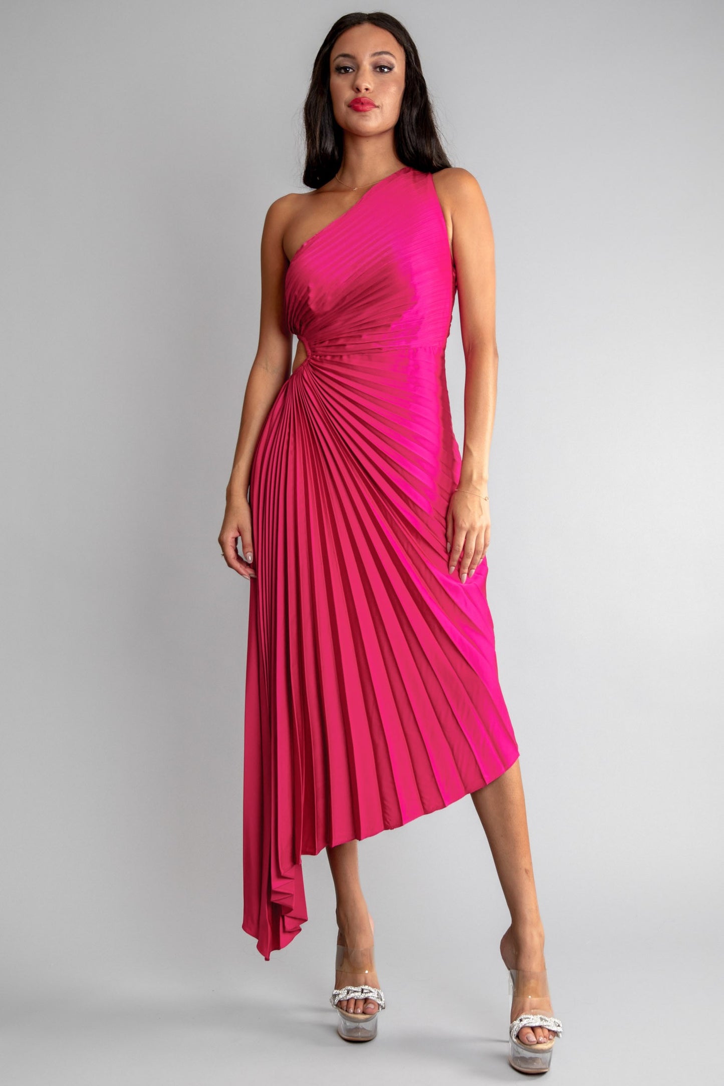 Solid Ruched Pleated One Shoulder Hi Low Dress