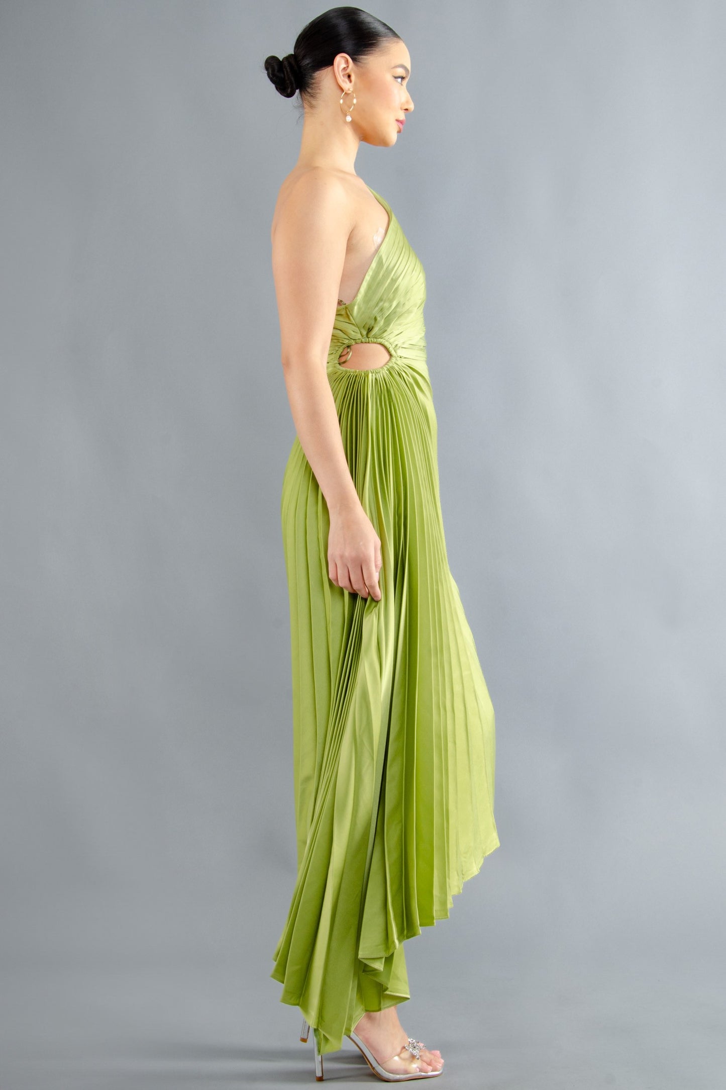Solid Ruched Pleated One Shoulder Hi Low Dress