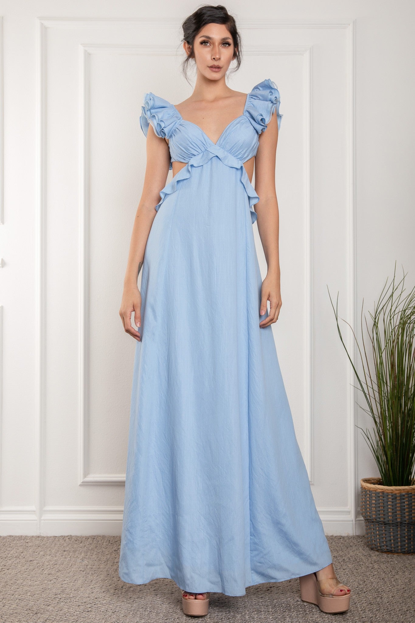 Ruffled Sleeve Open Back With Big Bow Dress