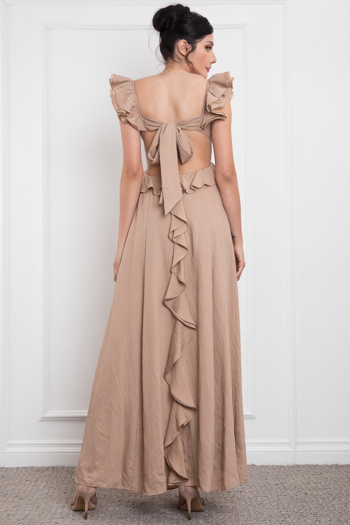 Ruffled Sleeve Open Back With Big Bow Dress