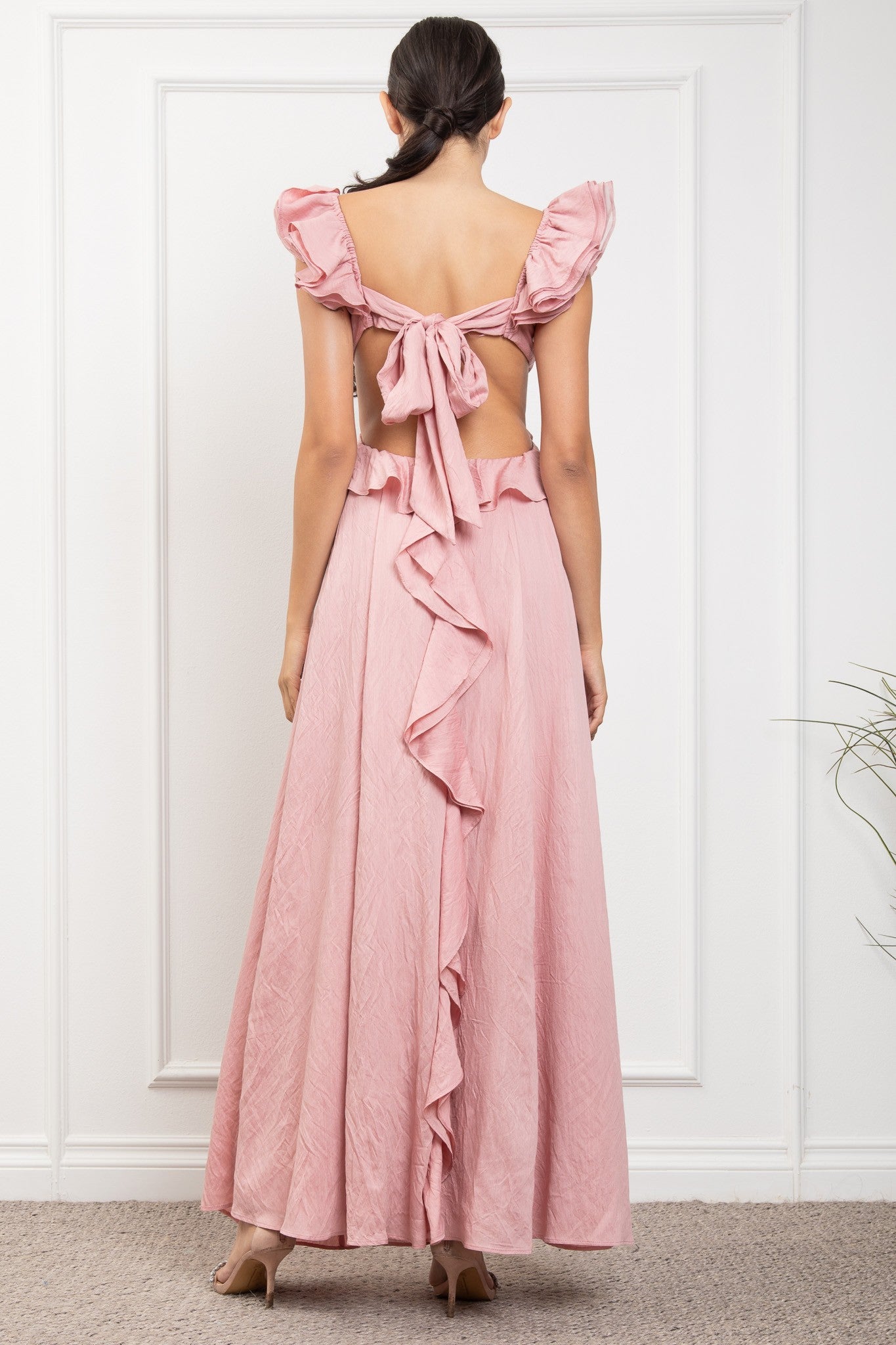 Ruffled Sleeve Open Back With Big Bow Dress