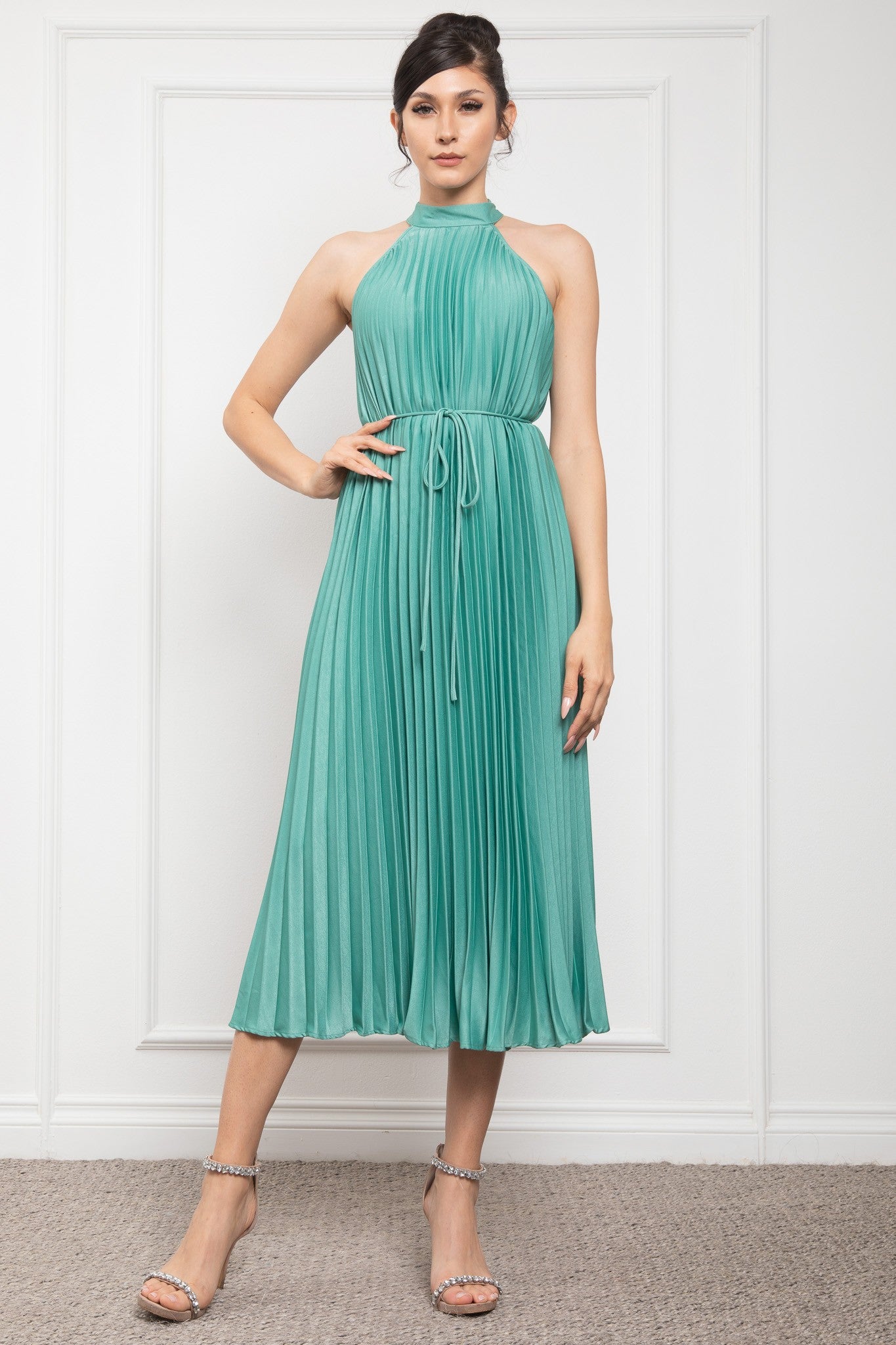 Pleated Halter Neck Midi Dress