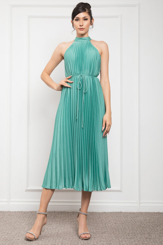 Pleated Halter Neck Midi Dress