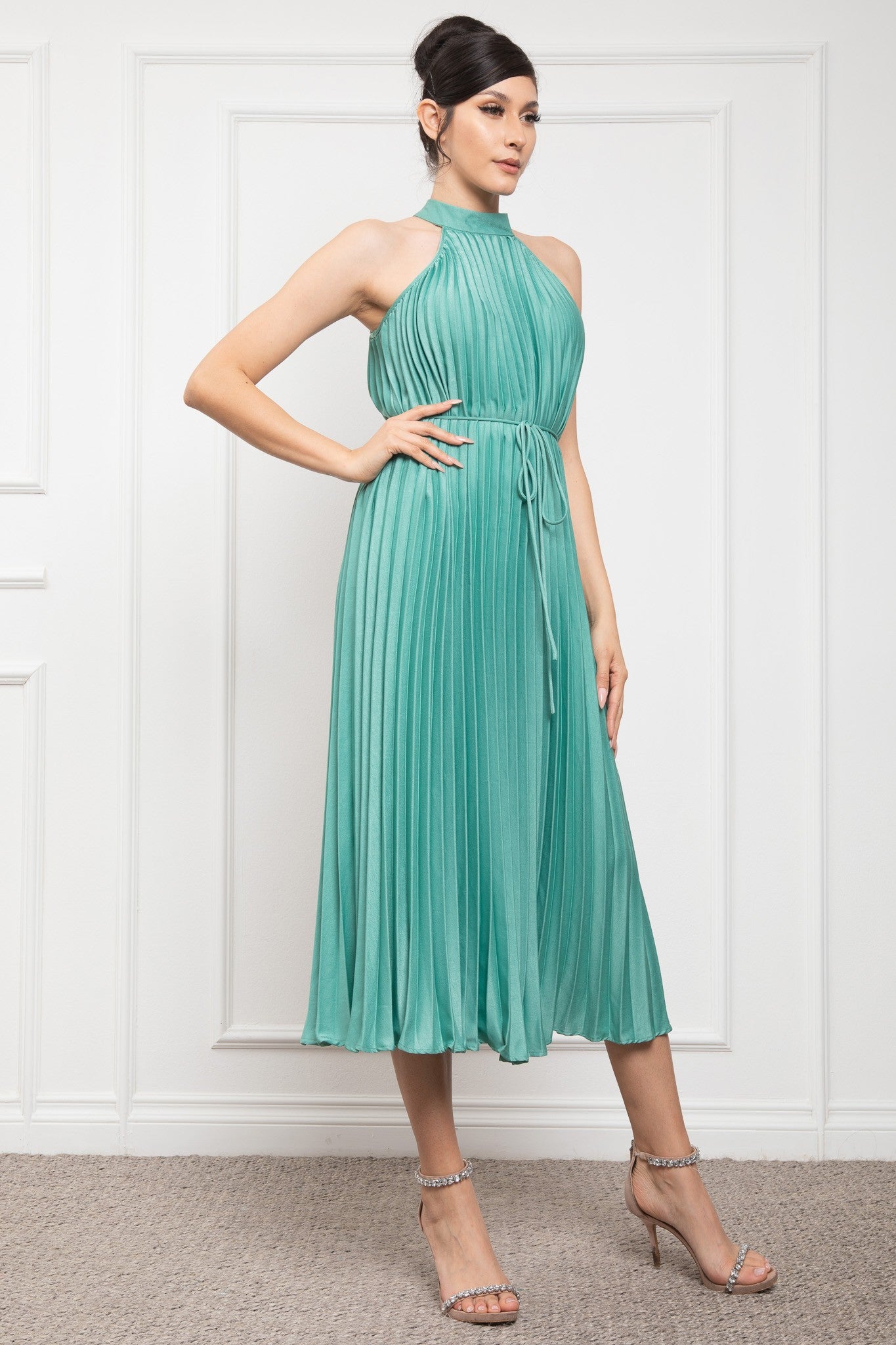 Pleated Halter Neck Midi Dress