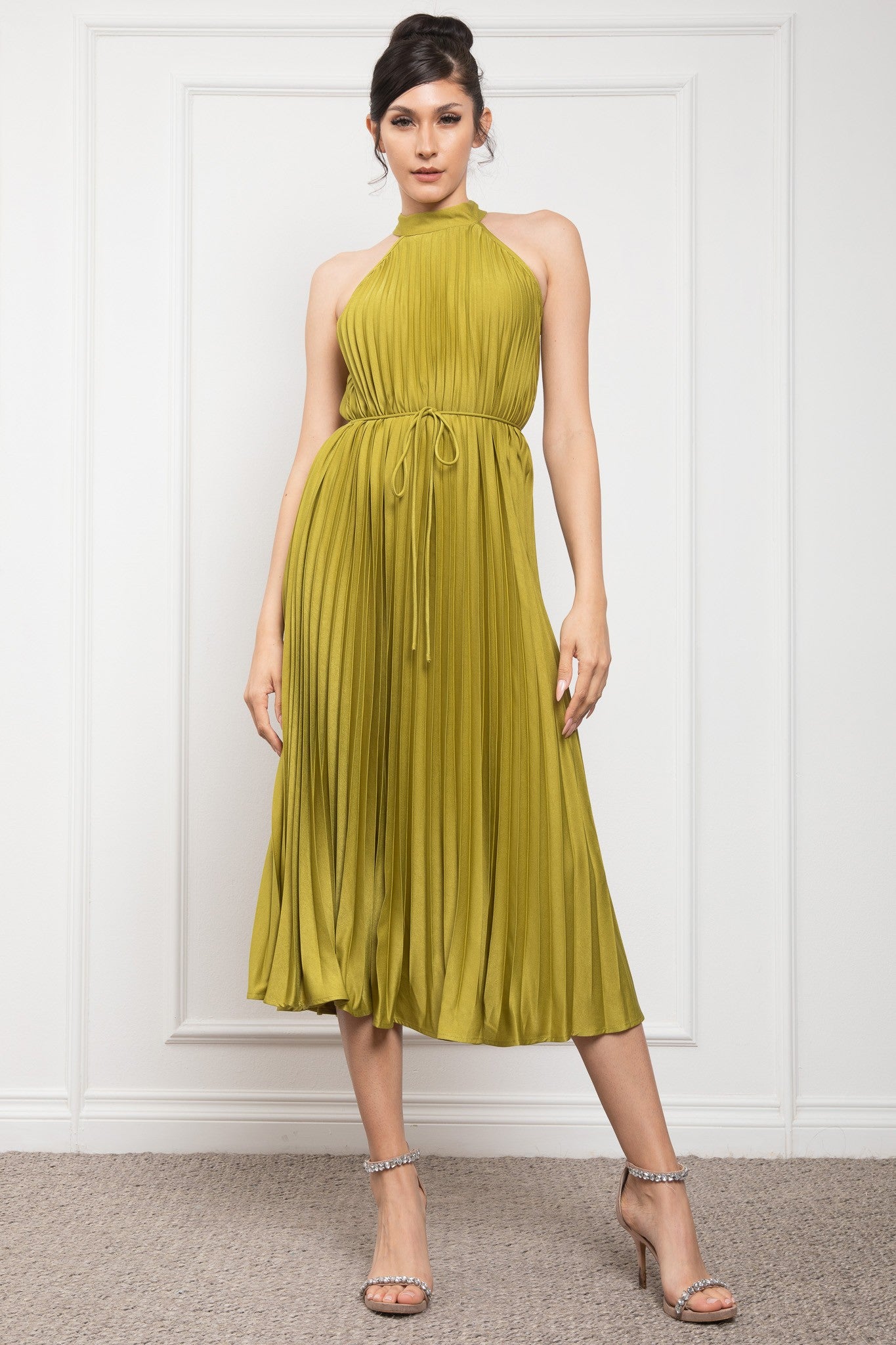 Pleated Halter Neck Midi Dress