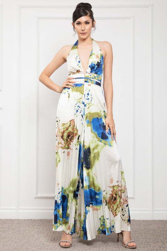 Halter Neck Sleeveless Pleats Bottom Jumpsuit