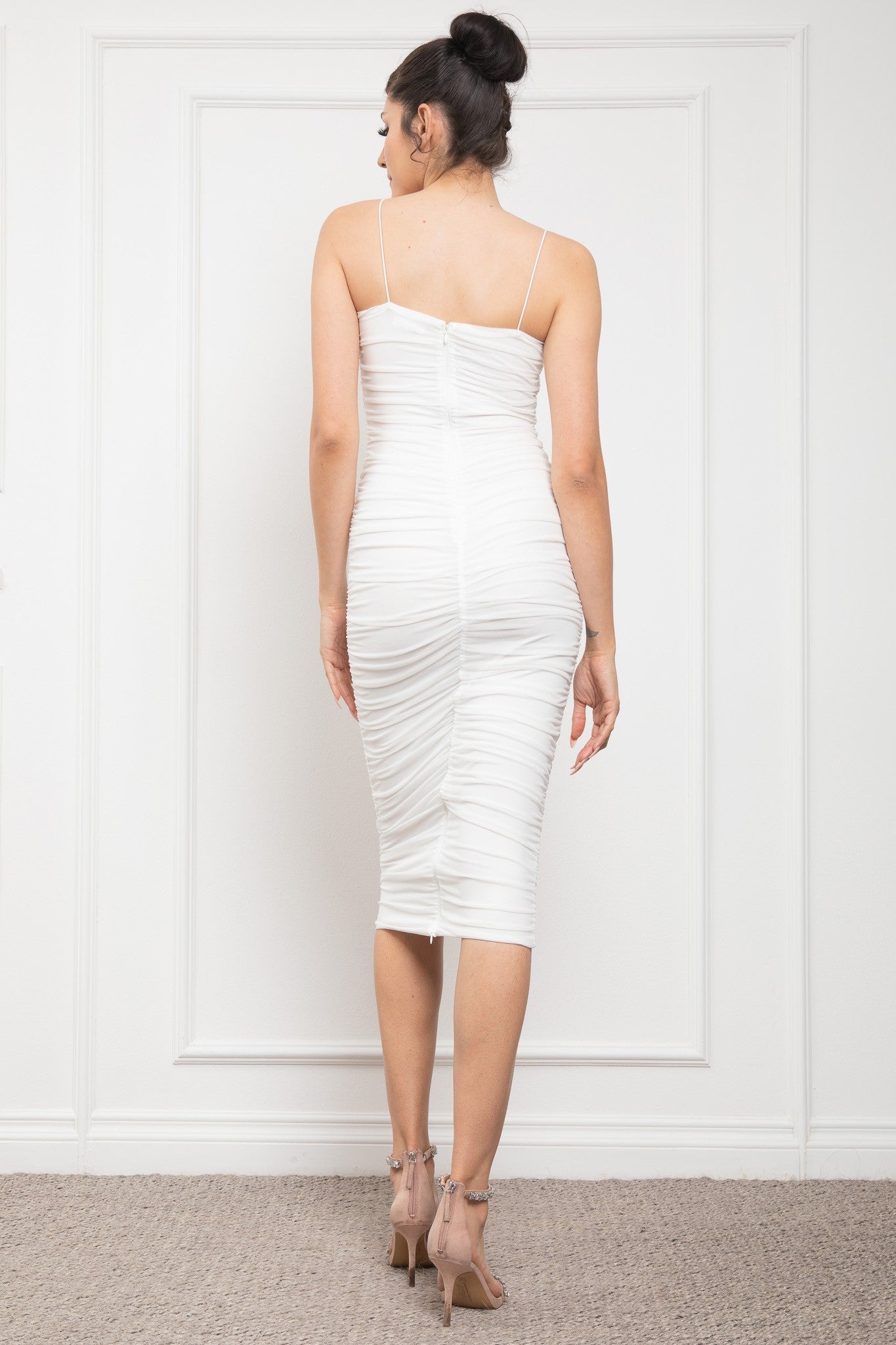 Ruched Spaghetti Strap Back Zip Up Mesh Midi Dress