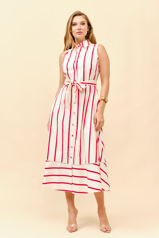 Striped Sleeveless Tie Waist Shirt Dress
