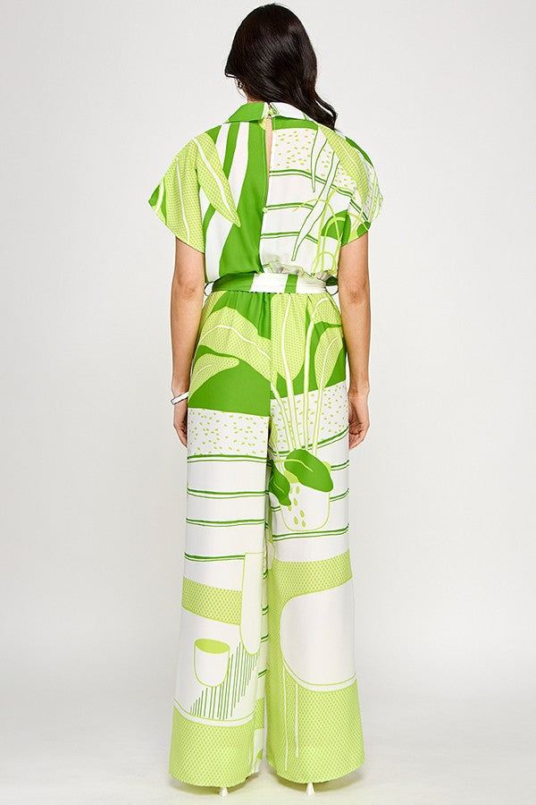 Printed Short Sleeve Jumpsuit with Tie Belt