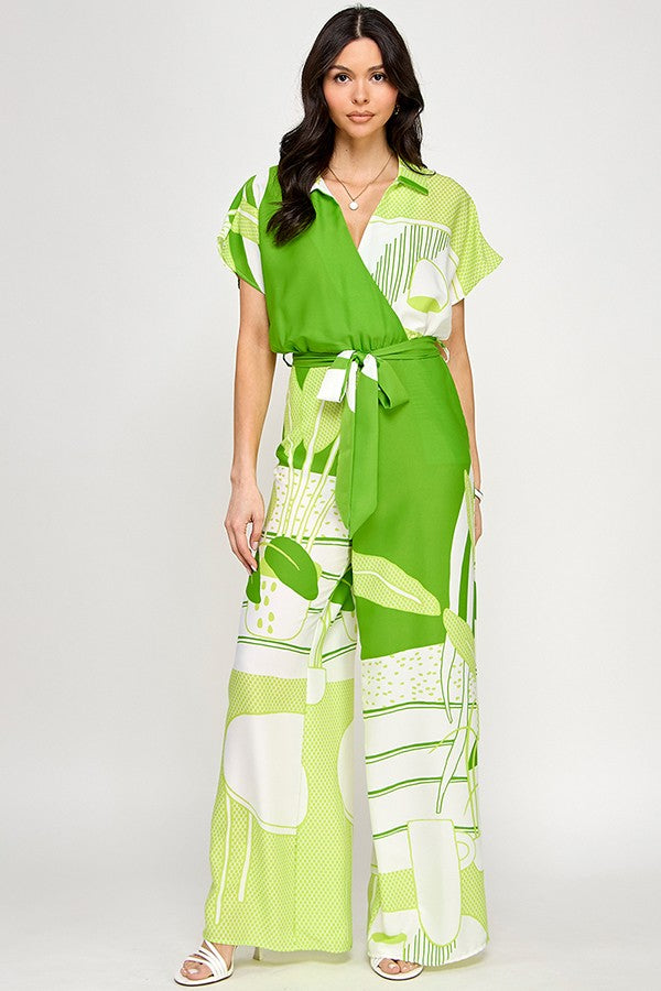 Printed Short Sleeve Jumpsuit with Tie Belt