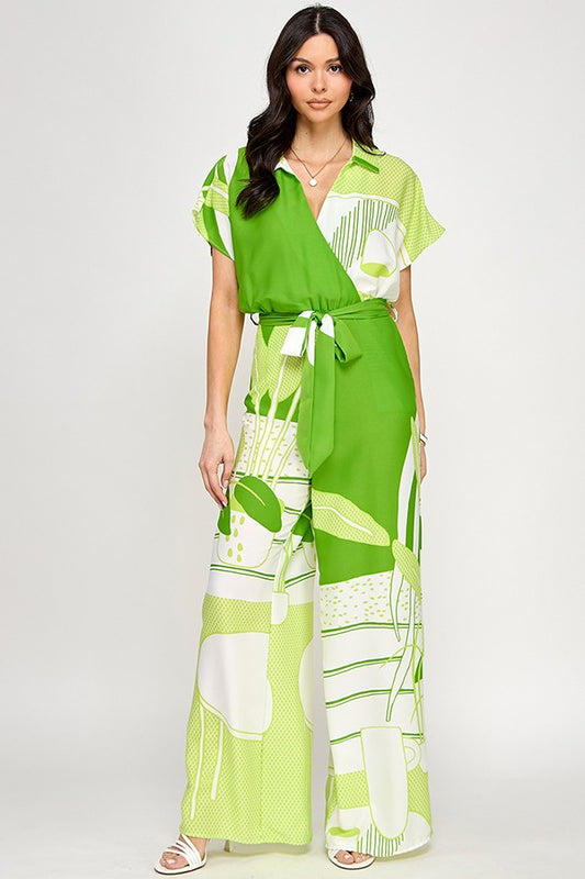 Printed Short Sleeve Jumpsuit with Tie Belt