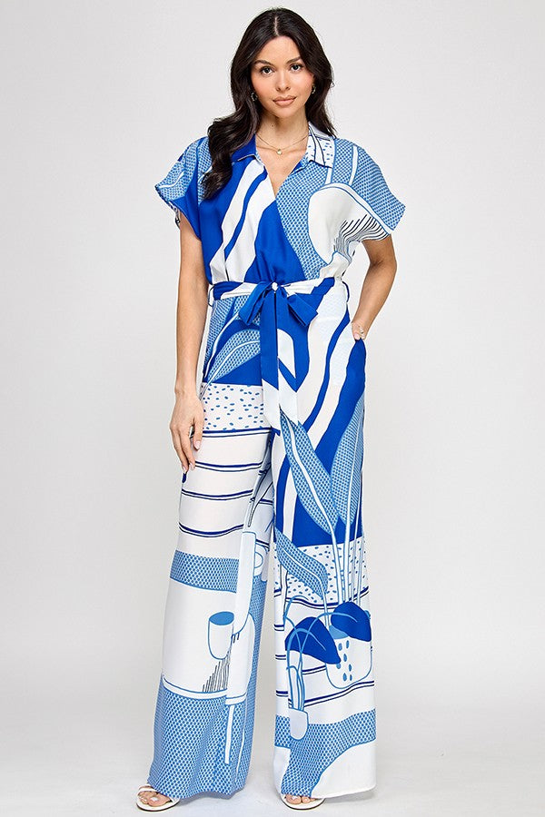 Printed Short Sleeve Jumpsuit with Tie Belt