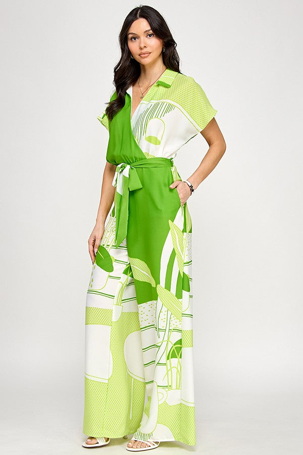 Printed Short Sleeve Jumpsuit with Tie Belt
