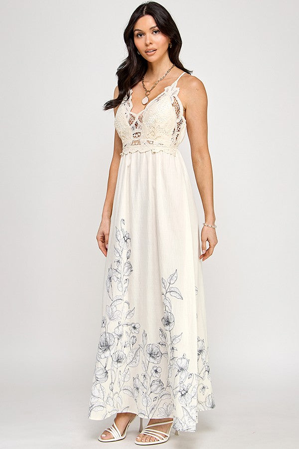Crochet Detail with Printed Maxi Dress