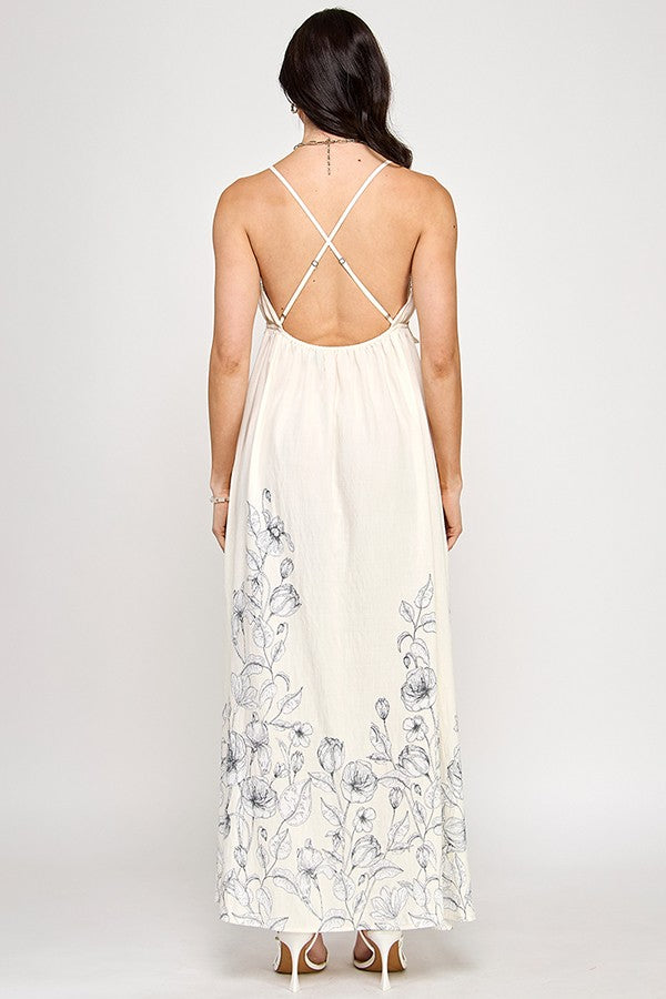 Crochet Detail with Printed Maxi Dress