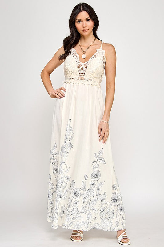 Crochet Detail with Printed Maxi Dress