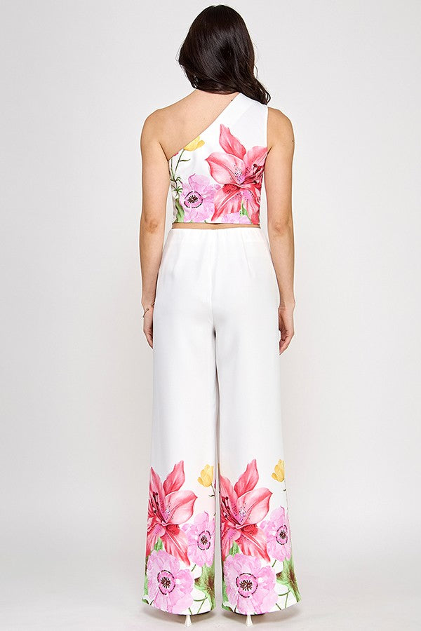 Printed One Shoulder Crop Top With Pants Set
