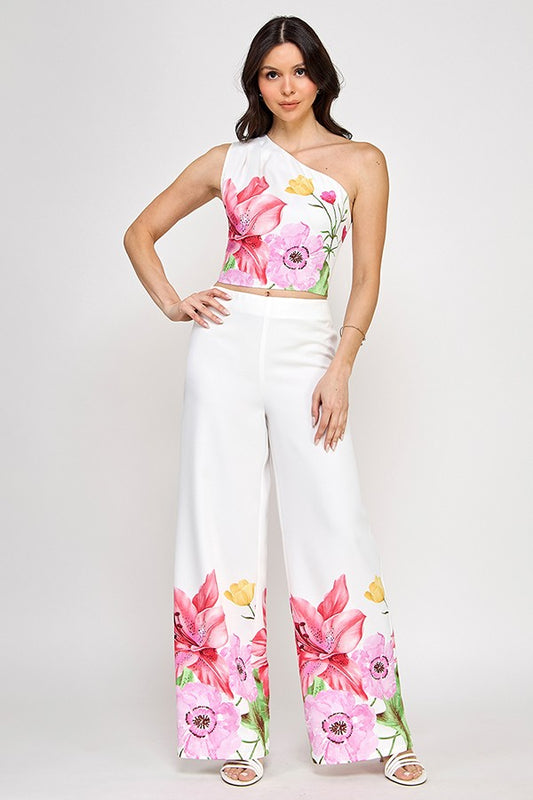 Printed One Shoulder Crop Top With Pants Set