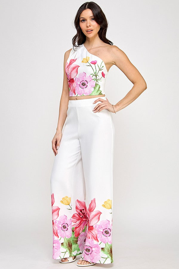 Printed One Shoulder Crop Top With Pants Set