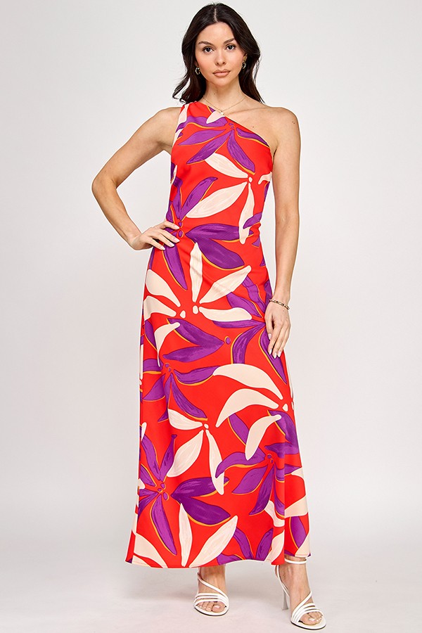 Printed One Shoulder Sleeveless Maxi Dress
