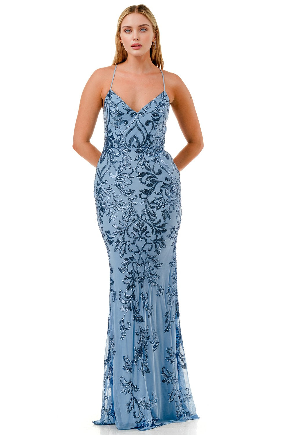 Sequin Embellished Criss Cross Maxi Party Dress