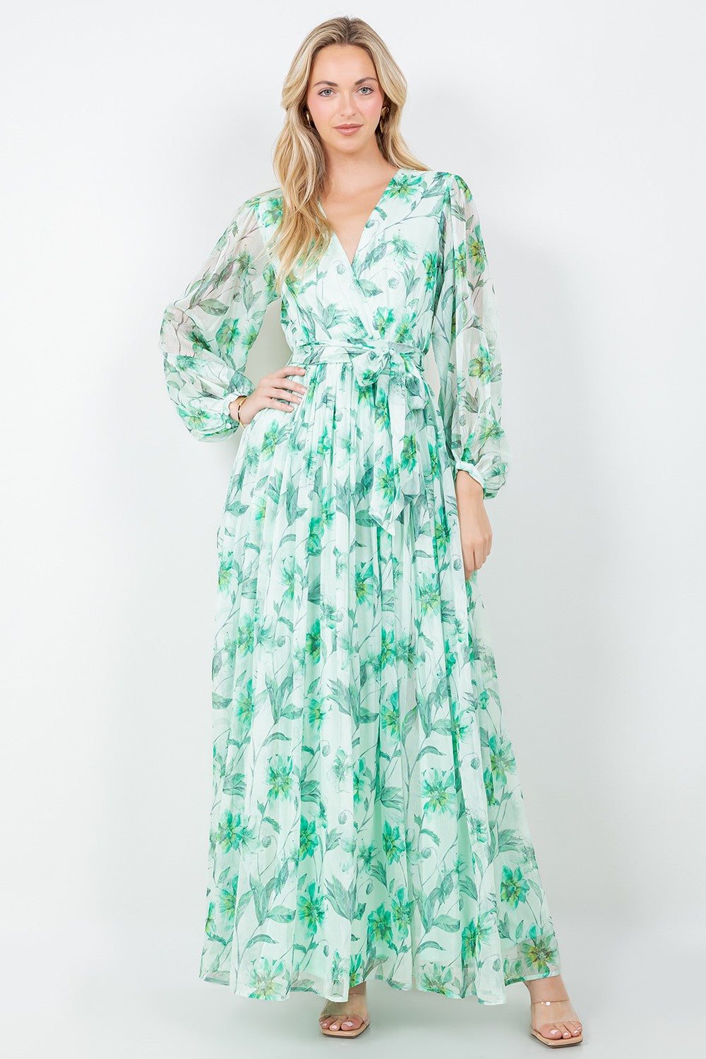 Silky Crinkle Chiffon Long Sleeve Maxi Dress