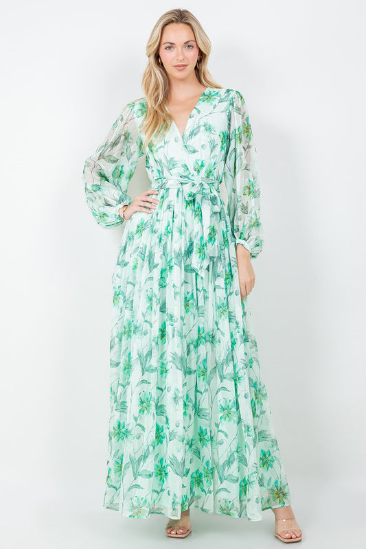 Silky Crinkle Chiffon Long Sleeve Maxi Dress