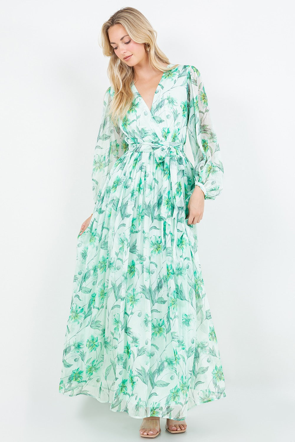 Silky Crinkle Chiffon Long Sleeve Maxi Dress