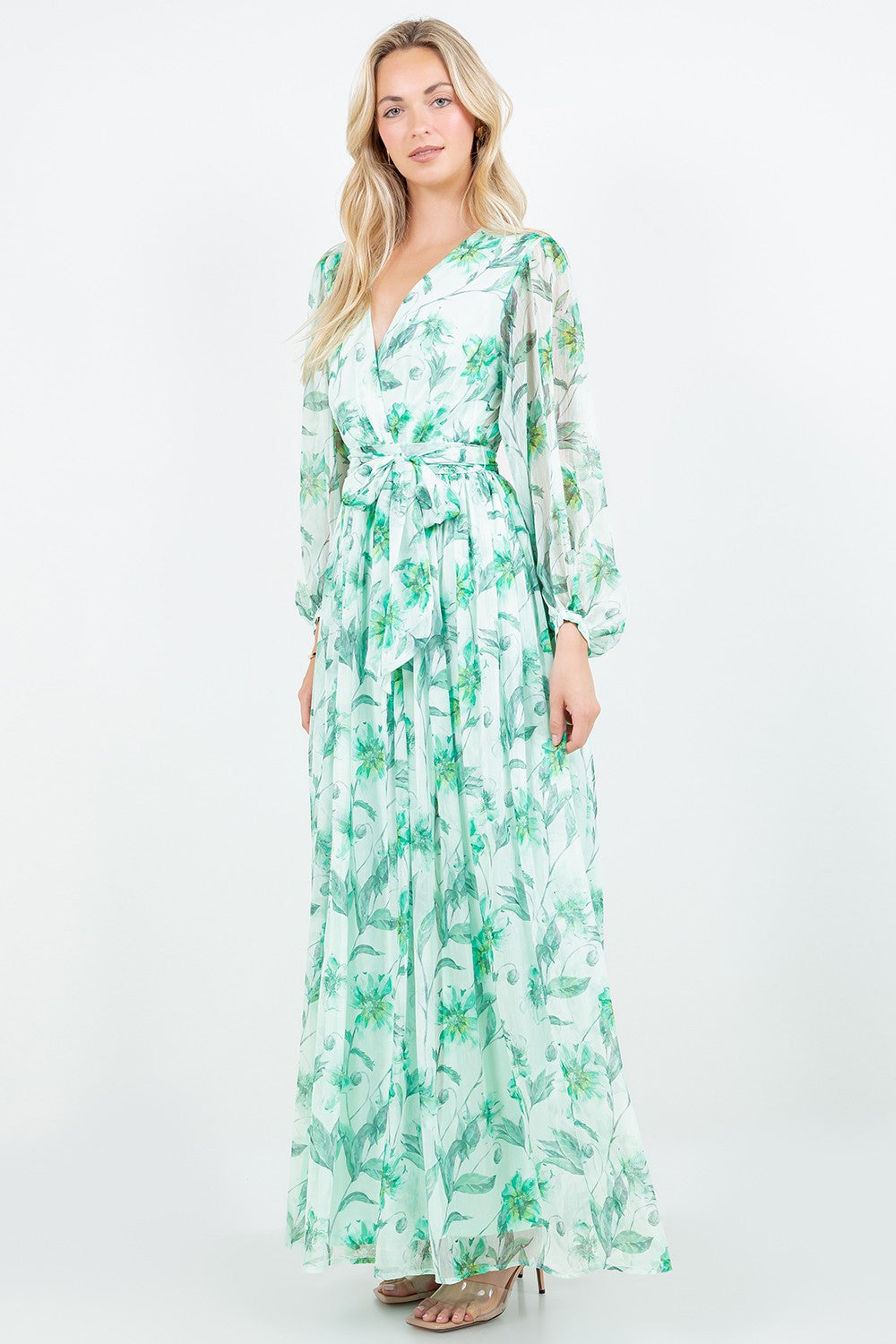 Silky Crinkle Chiffon Long Sleeve Maxi Dress