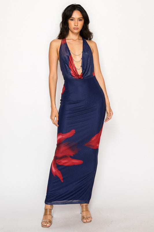 Chain Halter Neck Long Mesh Dress