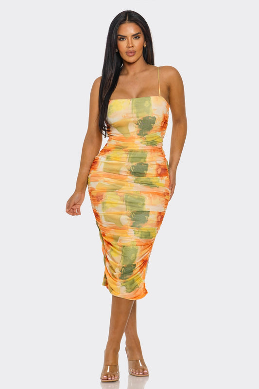 Sunset Bloom Mesh Midi Dress