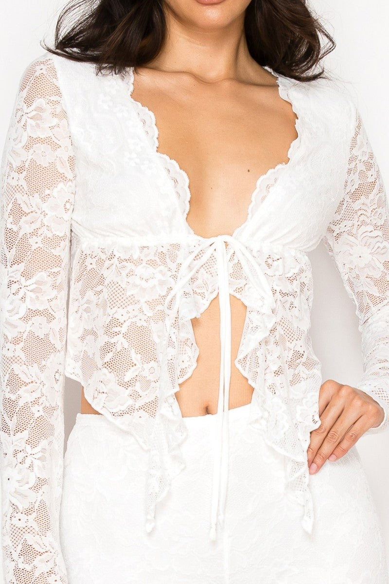 Lace Front Tie Crop Top And Pants Set