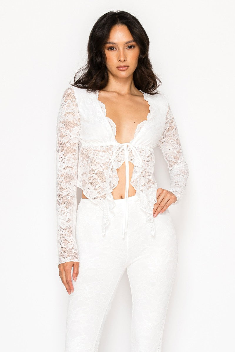 Lace Front Tie Crop Top And Pants Set