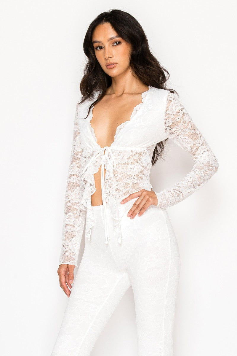 Lace Front Tie Crop Top And Pants Set