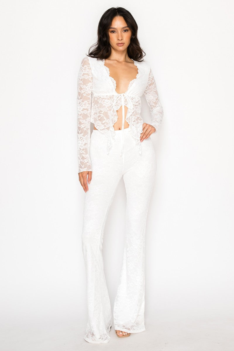 Lace Front Tie Crop Top And Pants Set
