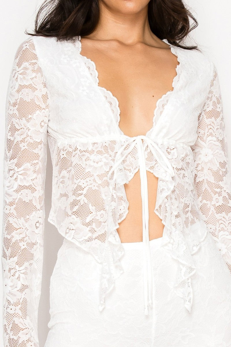 Lace Front Tie Crop Top And Pants Set