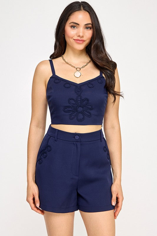 EMBROIDERED TRIM SLEEVELESS TOP WITH SHORTS SETS