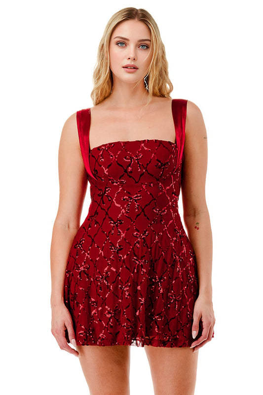 Ribbon Sequin Bow Tie Mini Party Dress