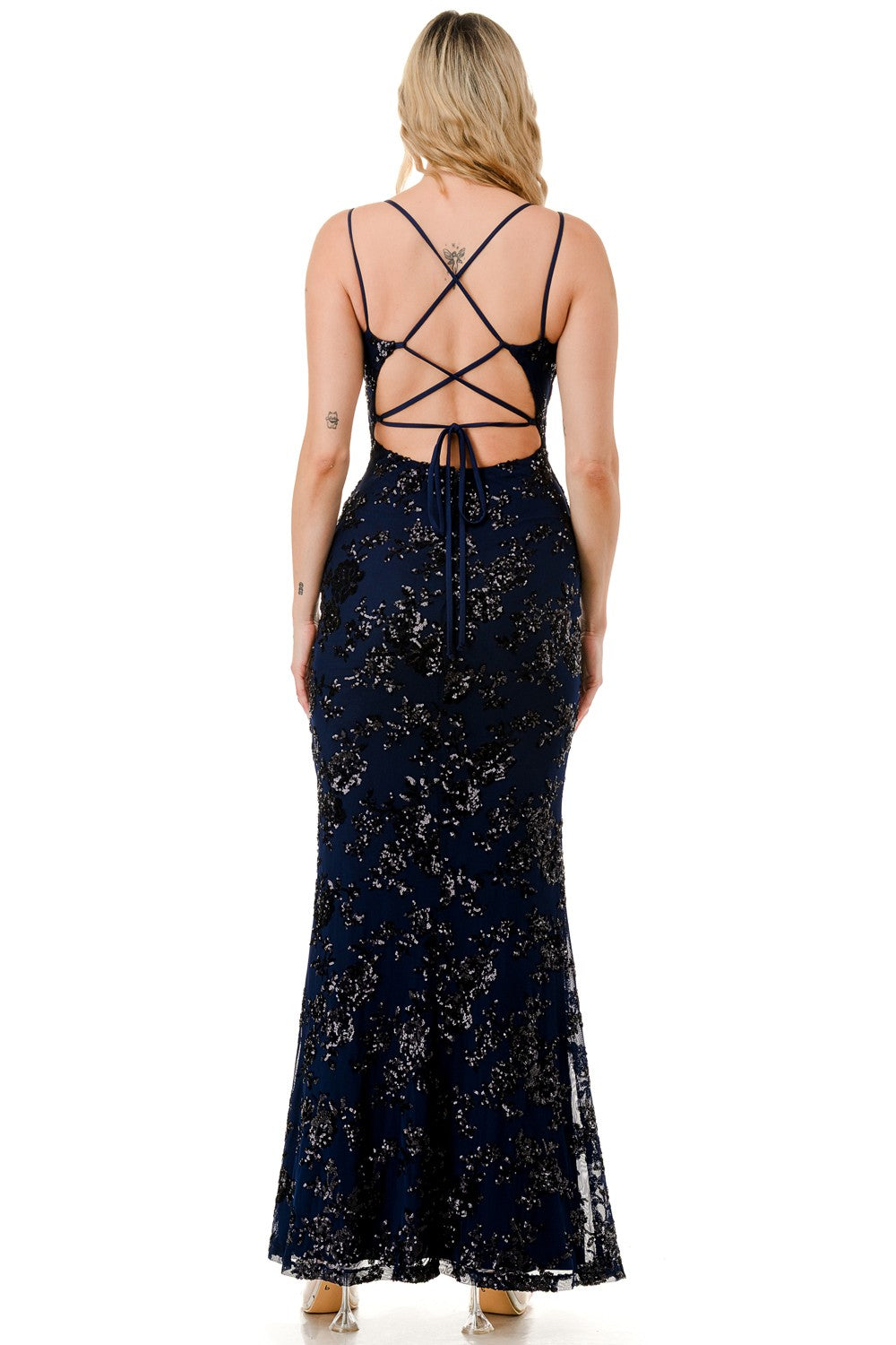 Floral Sequin Crossed Back Mermaid Maxi Cocktail Dress