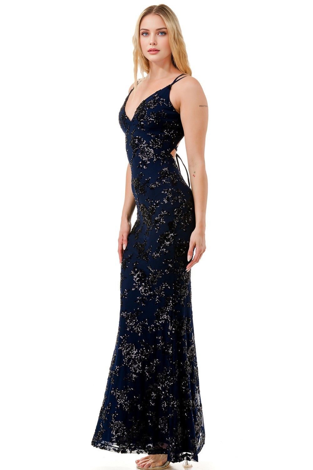 Floral Sequin Crossed Back Mermaid Maxi Cocktail Dress