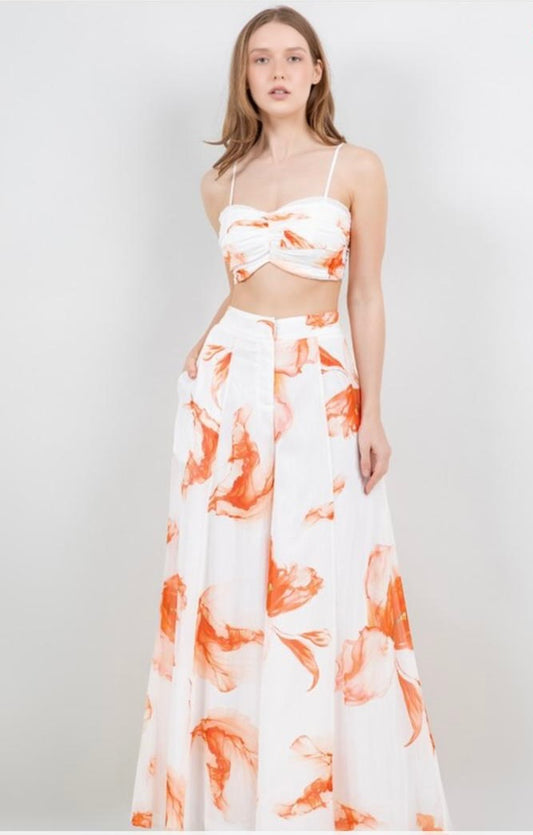 FLORAL SLEEVELESS CROP TOP AND WIDE LEG PANTS SET