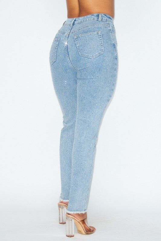 SPARKS RHINESTONE DISTRESSED HIGH RISE DENIM PANTS