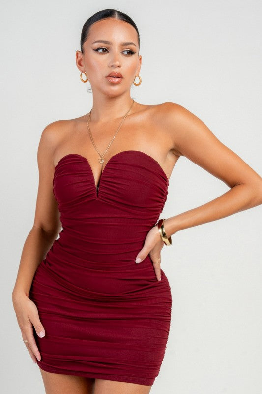 V WIRED HEART RUCHING MINI PARTY DRESS