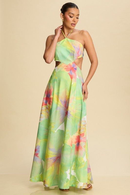 VIOLA PRINTED SATIN HALTER MAXI DRESS